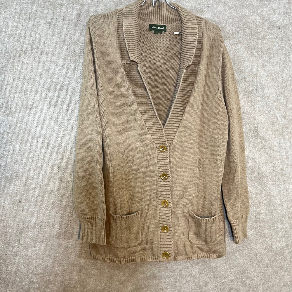 Eddie Bauer Shawl Collar Cardigan Sweater Women XL Tan Cotton Knit Academia